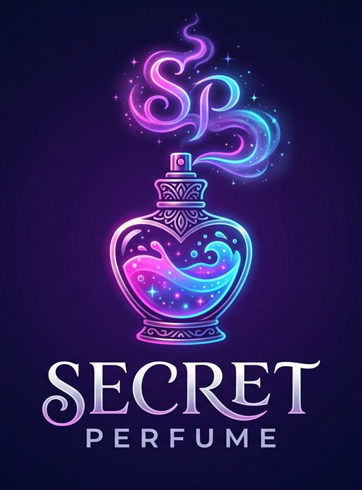 โลโก้ Secret Perfume: ขวดน้ำหอมเรืองแสงพร้อมควันอักษร SP